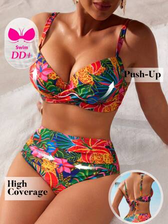 Swim DD+ 女士热带植物印花性感比基尼泳装套装，夏季海滩