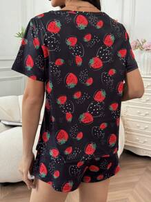 SHEIN Women Strawberry Print Knit Round Neck Short Sleeve Shorts Pajama Set - Black - View 2