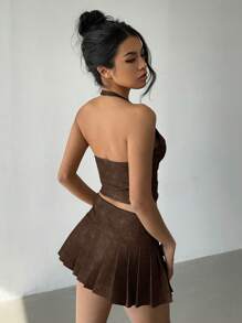 Aloruh Bộ 2 món/bộ đồ nữ áo crop top chữ V sâu gợi cảm bằng da PU giặt theo phong cách retro + chân váy mini xếp ly cạp siêu thấp, đa năng cho hoạt động ngoài trời, lễ hội âm nhạc - Cà phê nâu - Xem 2