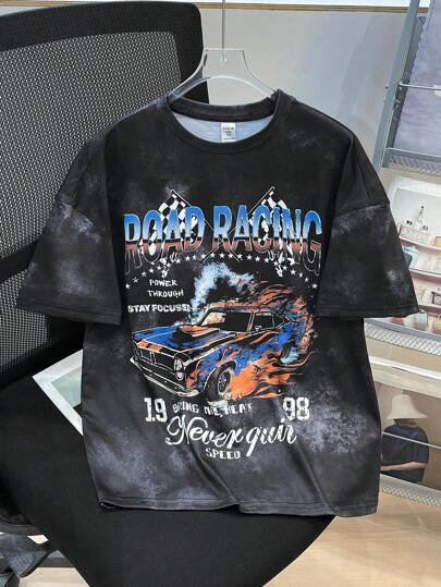 SHEIN Bolty Kids Tween Boy Casual Versatile And Comfortable Racing Letter Print Pattern Round Neck Pullover Loose Short Sleeved Knitted T-Shirt Suitable For Commuting To School, Daily Leisure Vacation Travel, Suitable For Sports, Suitable For Spring And Summer Festivals