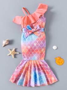 SHEIN Young Girl Cute Mermaid Print Ruffle Hem Fish Tail Dress - Multicolor - View 1