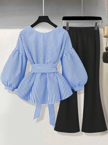 Flirla Bộ 2 chiếc sọc cỡ lớn, thời trang cho mùa hè - Màu xanh nhạt - Xem 2