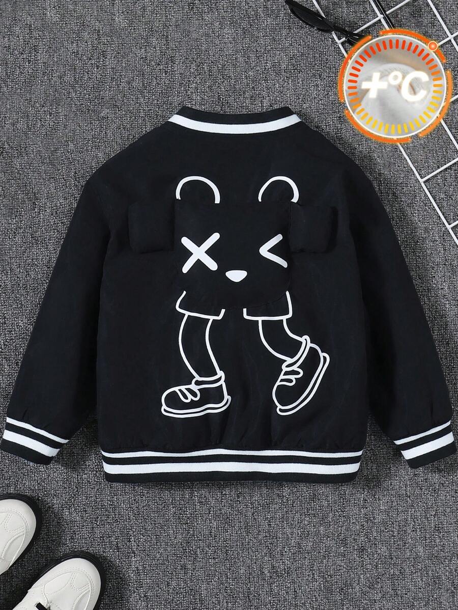 SHEIN Young Boy Cartoon Graphic Striped Trim Bomber Jacket - Black - View 1