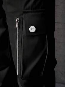Manfinity LEGND Men Plus Size Zipper Design Straight Loose Casual Cargo Pants, Fall - Black - View 3
