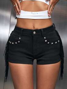 SHEIN ICON Fashion Side Split Tassel Rivet Denim Shorts, Summer - Black - View 1