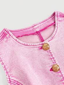 SHEIN MOD 女士圆领单排扣休闲无袖牛仔衬衫 - 粉色 - 查看 3