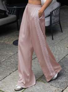Livesso Women Lace Panel Elastic Waist Wide Leg Pants - Pink - View 4
