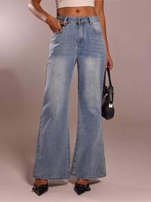 SHEIN Forever 21 Women's Slim-Fit High Street Style Low Rise Flared Leg Summer Denim Jeans - Medium Wash - View 1