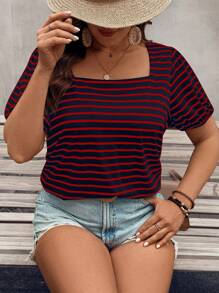 SHEIN LUNE 大码黑白条纹方领短袖皱褶套头 T 恤