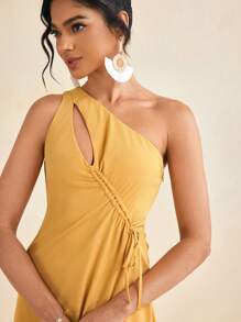 JUPITER Asymmetrical Neck Cutout Drawstring Ruched Butter Yellow Dress Spring Summer Casual Long Dress - Mustard Yellow - View 6