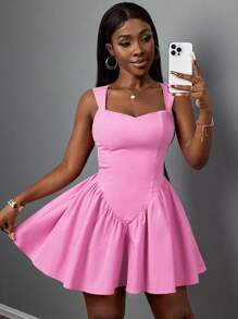 Slaydiva 2025 年新款女士加大码复古西部/热带/音乐节/俱乐部/公路旅行/度假/休闲/城市旅行/毕业典礼/优雅度假/公主风格度假连衣裙，鸡心领，荷叶边下摆，A 字迷你长度，粉色 - 粉色 - 查看 4