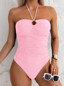 Swim Mod Women's Solid Color Bandeau One-Piece Swimsuit, Minimalist And Fashionable For Summer - Baby Pink - View 3
