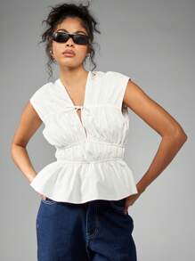 MISSGUIDED Thanh lịch Ruched Peplum Không tay Hàng đầu Mùa hè Mùa xuân Thắt lưng Áo bông phía trước Đa năng Công sở Trang phục giản dị Thu thập Eo Chuyên nghiệp - trắng - Xem 7