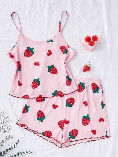 2 件青少年女孩休闲草莓和心形印花吊带背心和短裤睡衣套装，粉色