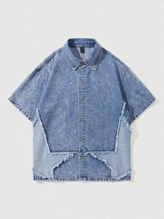 Street Life Men's Casual Washed Color-Block Frayed Edges Star Printed Denim Shirt