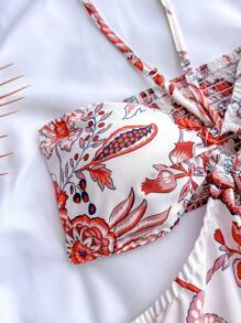 SHEIN Teen Girl Red & White Vacation Positioning Print, Halter Neck Hollow Out Cinched Waist Casual Vacation Dress