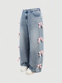 SHEIN MOD Plus Size Casual Loose Fit Bowknot Sweet Blue Jeans, Blue Homecoming Jeans, Party Women Bow Jeans, Wide Leg Women Pants, Baggy Women Pants