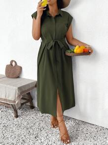 SHEIN Frenchy Vestido largo de verano casualtamaño grande y minimalista tipo camisa para vacaciones, color verde oliva