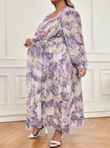 SHEIN CURVE+ Plus Size Women's Elegant French Romantic Flower A-Line Long Dress, Spring And Summer Dress, French Long Dress, Beach Dress Sundress, Holiday Outfits Boho, Curve Plus, Boho Vacation Beach Outfits For Woman/Beach Dress/Beach Vacation Outfits/Beach Essentials / Graduation/Tea Party Dress - Multicolor - View 7