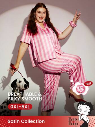 BETTY BOOP X LUVLETTE Plus X LUVLETTE 丝缎基本款粉色条纹图案短袖长裤家居服套装带口袋裤子内衣新娘贴身衣物