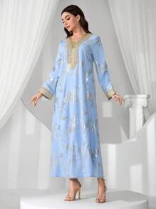 Al Najma 女士花卉印花 V 领宽松连衣裙，端庄的长袍 - 淺藍色 - 查看 5