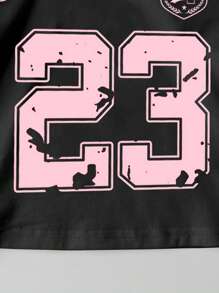 SHEIN Happikins Baby Girl Cute Bow & Numeric 23 Print Casual Simple Short Sleeve Crew Neck Top, Suitable For Summer