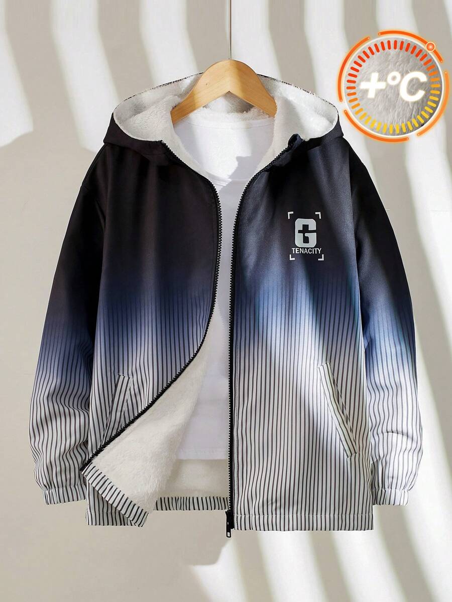 Tween Boy 休闲渐变字母印花夹克，适合通勤、上学、日常穿着、度假、运动、秋冬季 - 黑色 - 查看 1