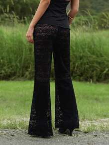 Roylia Women's Summer Music Festival Semi-Sheer Fitted Flare Pants, Vacation Casual Trousers Fall Cloth For Women - Black - View 2