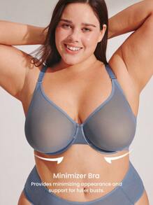 LUVLETTE Plus Fullcover Unlined Plunge Breathable Mesh Sheer Airy Basic Breezy Comfort Minimizer Bra - Dusty Blue - View 3