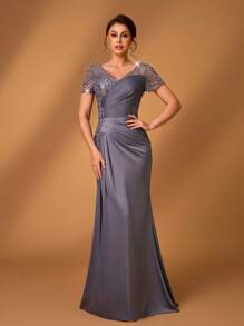 Serin Elegant Luxury Embroidery Lace Applique Splice Elastic Satin Ruffles Sheer Short Sleeve Fishtail A-Line Dress, Suitable For Wedding, Party, Vacation, Prom, Mother Of The Bride Formal Gown - Dark Grey - View 4