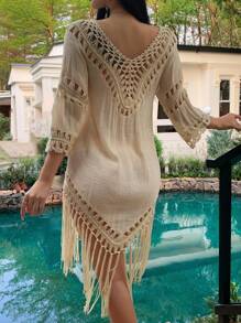 DAZY 女士纯色镂空设计长袖罩衫连衣裙，适合度假