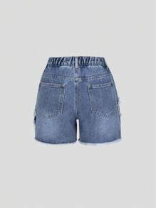 Tween Girls Moda Big Tween Girl Lavagem média Estrela de cinco pontas Apliques Bordado Desgastado Casual Cintura Elástica Denim Shorts - Lavagem Média - Ver 2