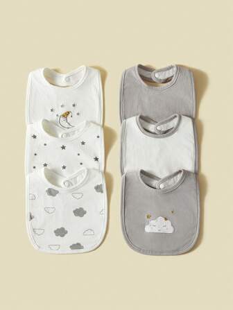 6 件装婴儿围嘴，中性月亮和云朵图案，柔软透气吸水口水围嘴，适合婴儿