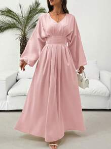 SHEIN LUNE V 领腰部褶皱收腰灯笼袖 A 字形连衣裙，采用纹理提花面料，优雅休闲和度假穿着