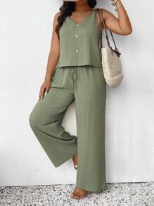 SHEIN Frenchy 大码 2 件套：纹理扭纹前背心衬衫和直腿休闲裤，假日 - 綠色 - 查看 8