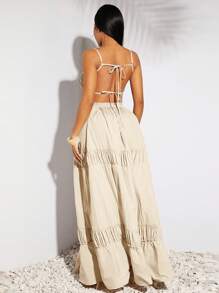 SHEIN SXY Vestido largo elegante con diseño de halter con pliegues y corte en A, de estilo occidental, de tela de lino sintética de color gris topo, para mujer, ideal para primavera, verano, vacaciones, boda, Día de San Valentín