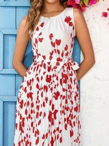 Ellevyn Rochie midi, elegantă, cu gât rotund, plisată, albastră, cu imprimeu floral, rochie slim de vacanță și de Ziua Îndrăgostiților, primăvară/vară - Burgundia - Vizualizare 7