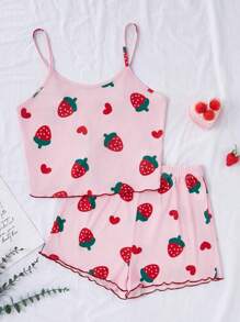 2 件青少年女孩休闲草莓和心形印花吊带背心和短裤睡衣套装，粉色 - 粉色 - 查看 6
