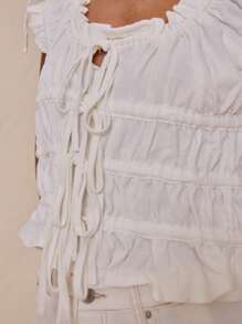 MUSERA Scoop Neck Ruched Tie Front Linen Cap Sleeve Fitted Top Spring Summer Vacation Cute Elegant Sweet Escape Holiday - White - View 5