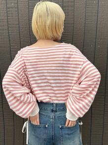 FRIFUL Women's Striped Loose Petite Long Sleeve T-Shirt, Spring Casual Outfit Vacation Striped Top