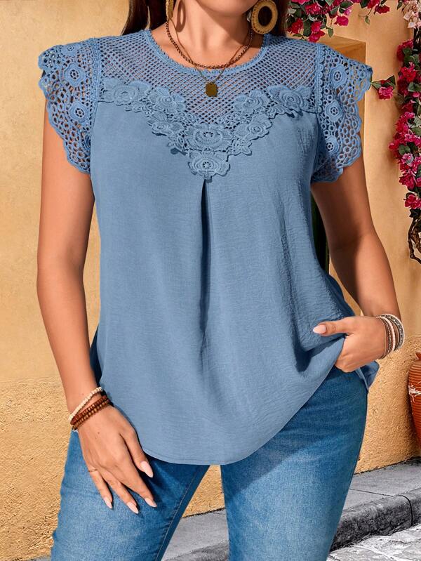 EMERY ROSE Plus Size Women Water-Soluble Lace Tunic Tops Dressy Blouses , Vacation Summer