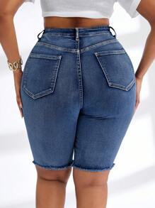 SHEIN SXY Plus Size Autumn Washed High Elasticity Ripped Denim Bermuda Shorts - Medium Wash - View 2