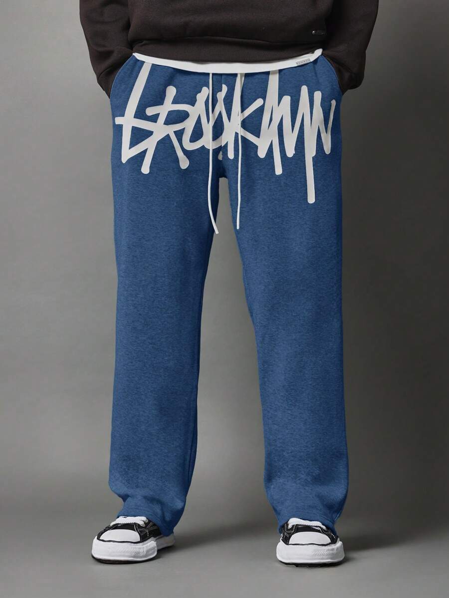 SUMWON 都市街头滑板运动裤，带有涂鸦标志印花，松紧腰带，慢跑风格运动休闲服，舒适的羊毛冬季裤子 - 藏蓝色 - 查看 1