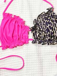 Swim SXY Leopard Print Halter Neck Swimsuit Top With Ruffle Trim For Summer Beach Vacation - Multicolor - View 3