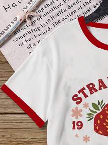 Tween Girls Fruit Strawberry Letter Print Contrast Color Short Sleeve T-Shirt, Casual & Comfortable For Spring/Summer, Birthday Gift