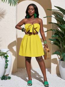 Slaydiva New Casual Hollow Out Halter Tie Waist Mini Green Dress, Spring/Summer - Yellow - View 4