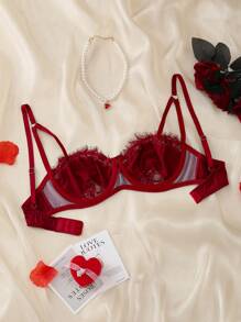 حمالة صدر تحت نسائية فرنسية رومانسية للعشاق مع حلقات من الصلب وقطع رقعية من الدانتيل - عنابي اللون - مشاهدة 2