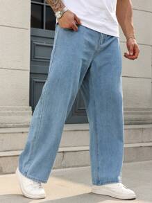 Manfinity Homme Men's Plus Size Light Wash Denim Jeans: Relaxed Fit Zipper Fly Long Length Casual Pants For Everyday Wear - Blue - View 6