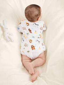 SHEIN 2pcs/Set Infant Baby/Newborn Unisex Ribbed Crew Neck White T-Shirt TOP, Cartoon Lion & Giraffe Animal Print, Cute Casual Versatile Comfortable, 0-3 Months,Spring/Summer New Arrival, Suitable For Outings, Vacation, And Birthday Party Baby Unisex Clothes - White - View 4