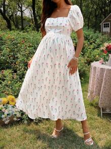 SHEIN 夏季优雅郁金香花卉印花长款孕妇装 - 米色 - 查看 3